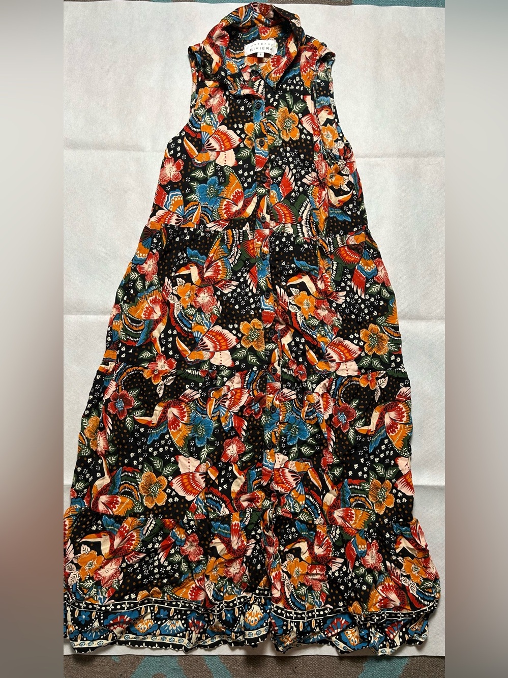 Margaux Riviera sleeveless parrot print tiered maxi dress size small
